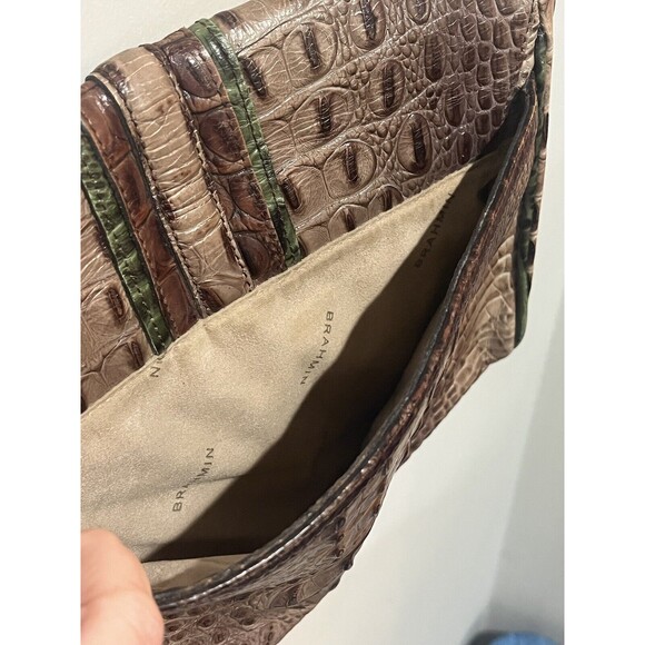 BRAHMIN Purse Croc Embossed Leather Shoulder Handbag Brown Green Chain Turn Lock - Picture 13 of 16